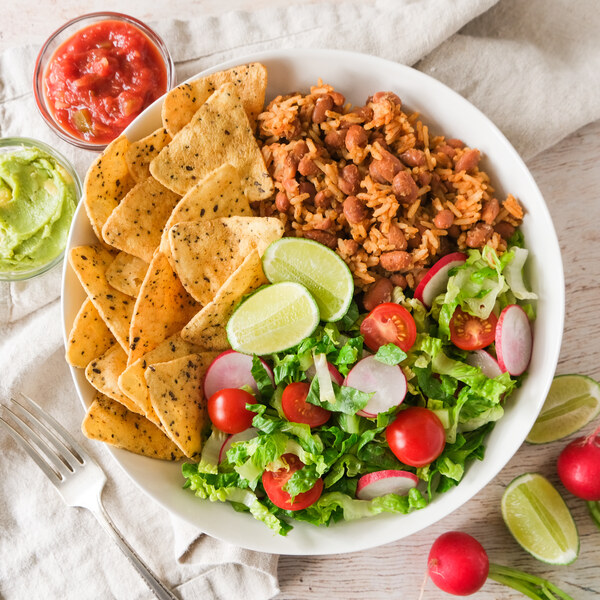 Bean Burrito Bowl with Rice, Salad, Guacamole, Salsa & Chips