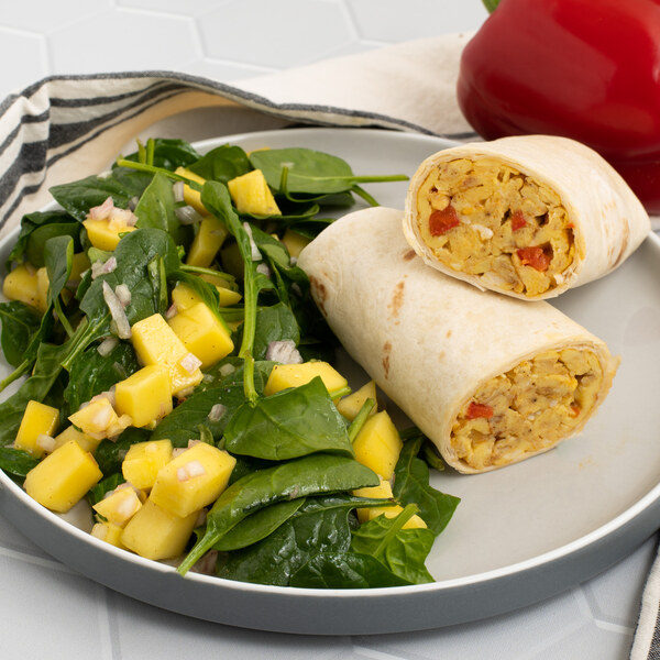 Spicy Bell Pepper & Scrambled Egg Wrap with Mango-Spinach Salad