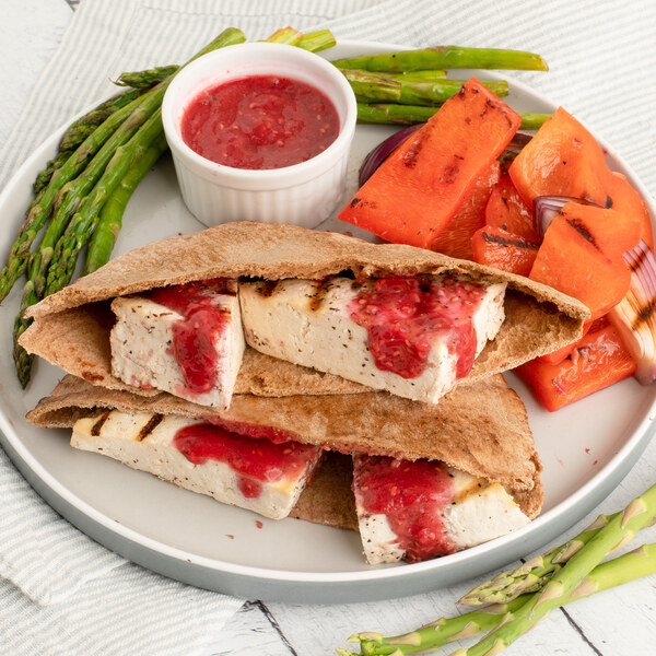 Grilled Tofu Pita with Raspberry BBQ Sauce, Asparagus & Peppers