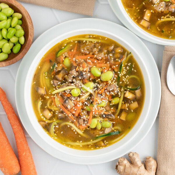Veggie Ground, Portobello, Edamame & Zucchini Noodle Soup with Sesame