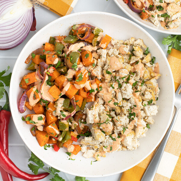 Sheet Pan Sweet Potato Hash with Peppers, Scrambled Tofu & Aioli