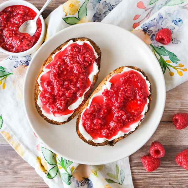 Toast with Cream Cheese & Honey-Crushed Raspberries