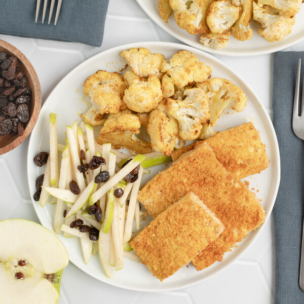 Breaded Tofu with Curry Roasted Cauliflower & Apple-Raisin Salad