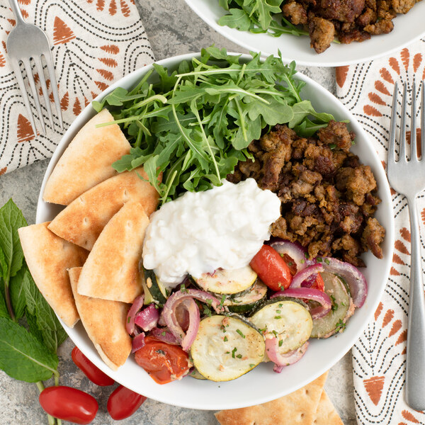 Veggie Ground "Shawarma" Bowl with Creamy Feta & Tahini Vegetables
