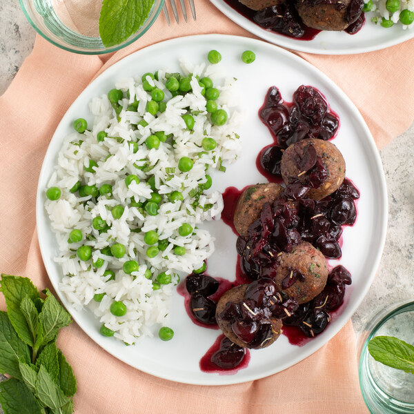 Veggie Ground "Meatballs" with Cherry Sauce & Minted Pea Rice Pilaf