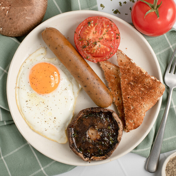 British-Style Breakfast with Veggie Sausage, Egg, Portobello & Tomato