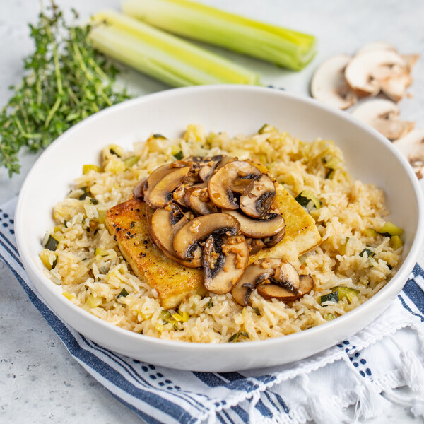 Pan Seared Tofu with Soy Tossed Mushrooms & Zucchini-Thyme Rice
