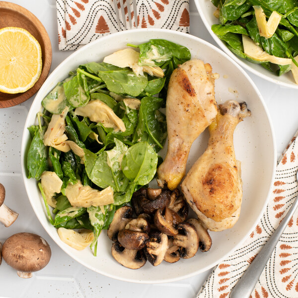 Lemon Dijon Drumsticks, Roasted Mushrooms & Spinach-Artichoke Salad
