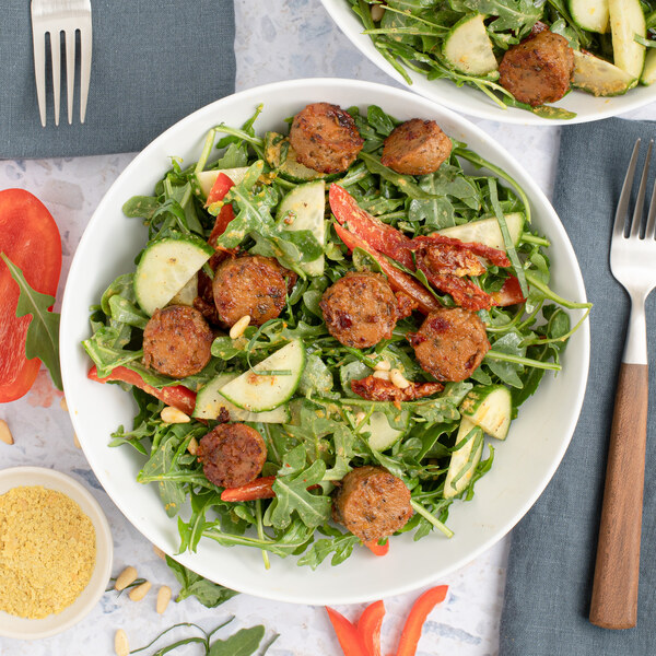 Arugula Salad with Veggie Sausage, Bell Pepper, Pine Nuts & Basil