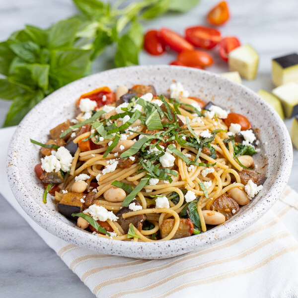 Basil-Balsamic Spaghetti with White Beans, Eggplant, Tomato & Feta