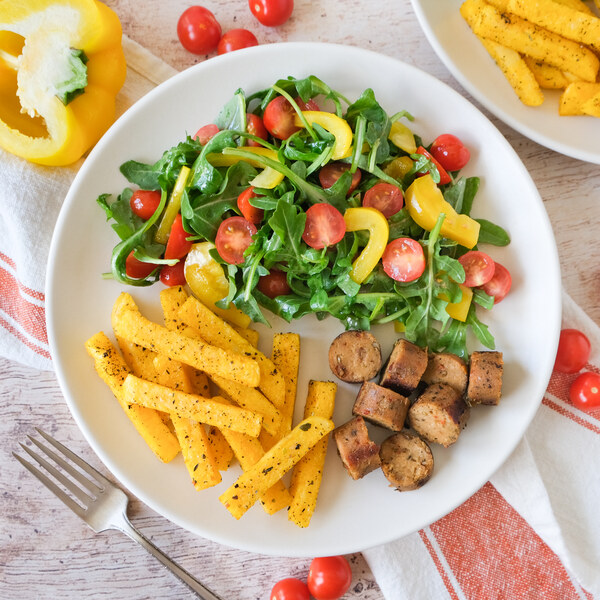 Veggie Sausage with Herbed Polenta Fries & Tomato-Arugula Salad