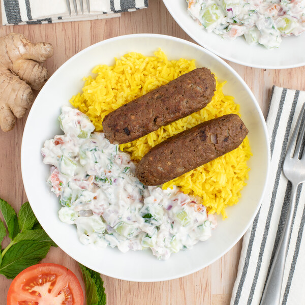 Veggie Ground "Kofta" with Turmeric Rice & Cucumber-Tomato Raita