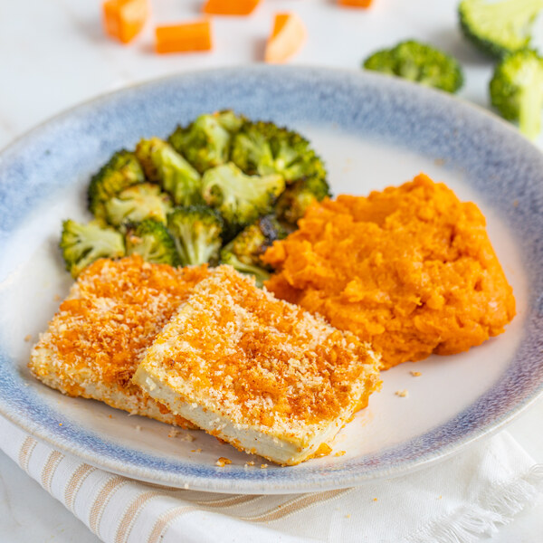 Cheddar Crusted Tofu with Mashed Sweet Potatoes & Roasted Broccoli