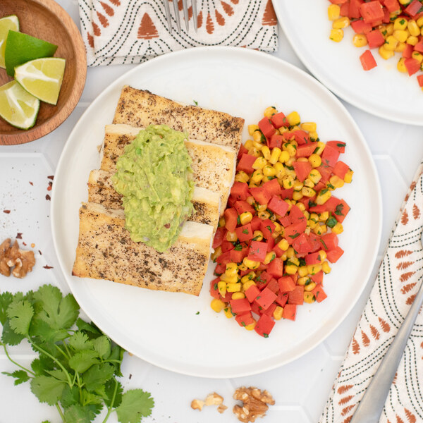 Mexican Spiced Tofu with Walnut Guacamole & Bell Pepper-Corn Sauté