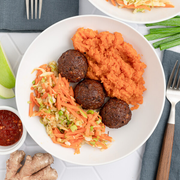 Spicy Veggie Meatballs with Mashed Sweet Potatoes & Apple-Carrot Slaw