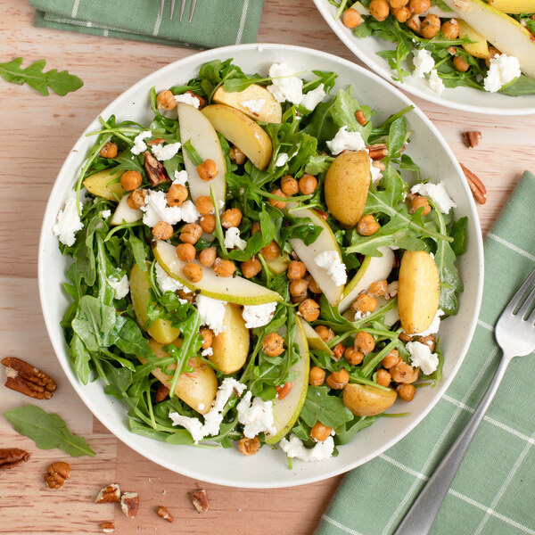 Honey-Dijon Arugula Salad with Chickpeas, Potatoes, Pear & Goat Cheese