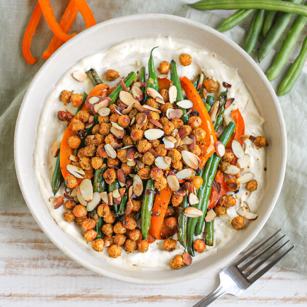 Crispy Chickpeas with Green Beans, Peppers, Tahini Yogurt & Almonds