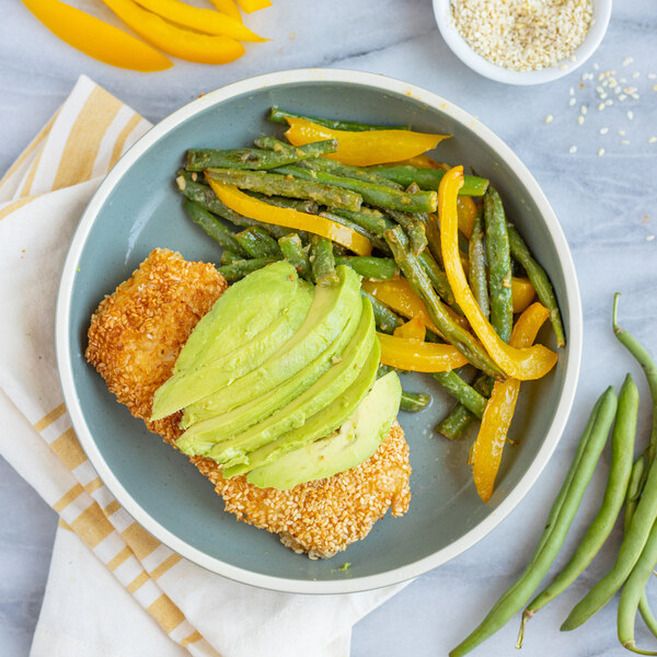 Sesame Crusted Cod with Avocado & Green Bean-Bell Pepper Sauté