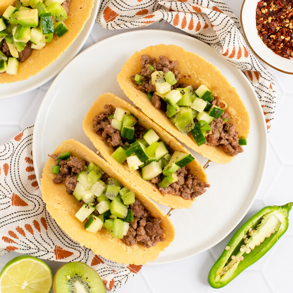 Spicy Veggie Ground Tacos with Kiwi, Cucumber & Avocado Salsa