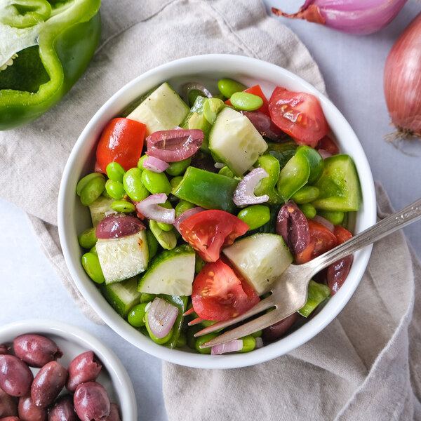 Greek Salad with Edamame, Cucumber, Bell Pepper, Tomato & Olives