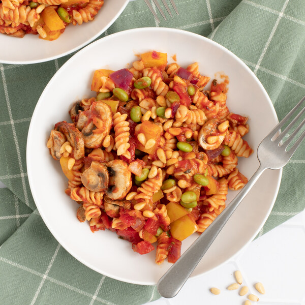 Pasta Marinara with Roast Edamame, Mushrooms, Bell Pepper & Pine Nuts