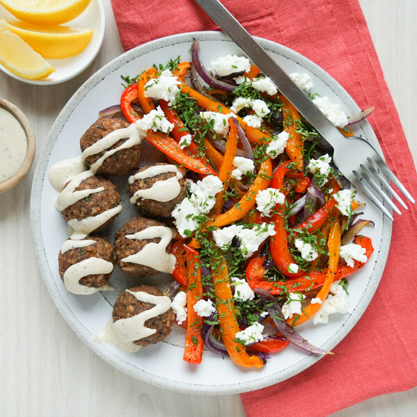 Lebanese-Style Veggie Ground "Meatballs" with Tahini, Peppers & Feta
