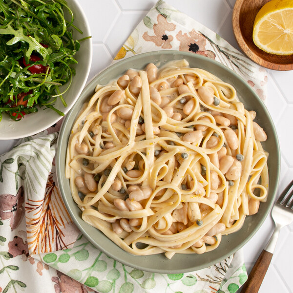 Fettuccine Alfredo with Beans, Capers, Lemon & Arugula Salad