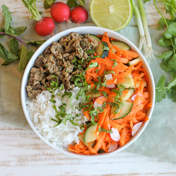 Veggie Ground "Banh Mi" Rice Bowl with Pickled Veggies & Fresh Herbs