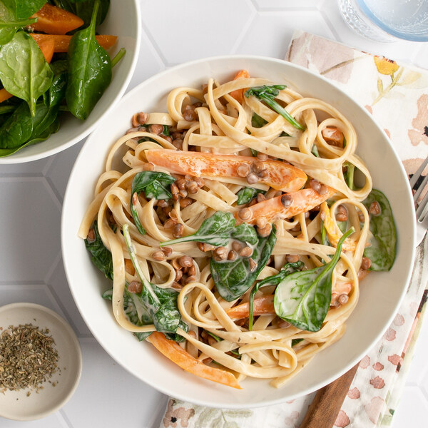 Linguine Alfredo with Lentils, Bell Pepper, Spinach & Side Salad