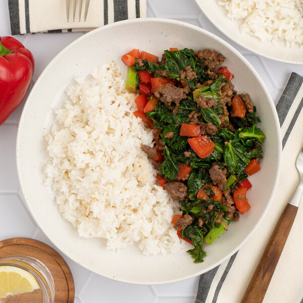 Veggie Ground, Bell Pepper & Kale Stir-Fry with Peanut Sauce over Rice