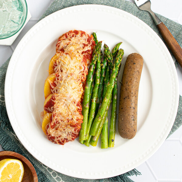 Cheesy Marinara Polenta Bake with Veggie Sausage & Lemony Asparagus