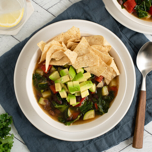 Bean Soup with Zucchini, Kale, Red Peppers, Avocado & Tortilla Chips