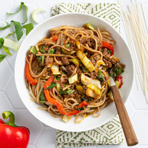 Miso-Hoisin Rice Noodles with Veggie Ground, Bok Choy & Bell Pepper