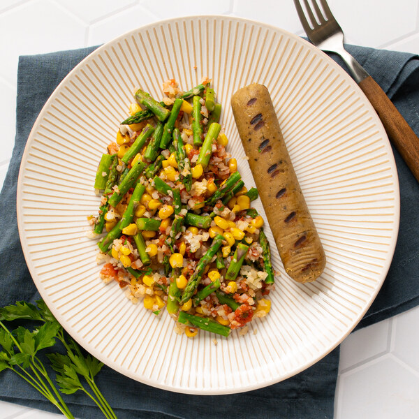 Veggie Sausage with Asparagus, Cauliflower Rice, Corn & Salsa Bake