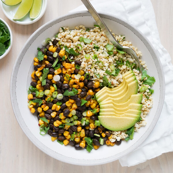 Spicy Black Bean Cauliflower Rice Bowl with Corn, Avocado & Cilantro