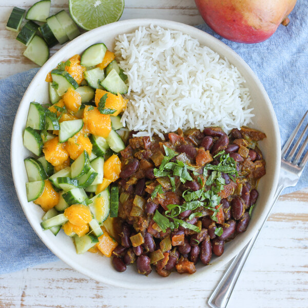 Kidney Bean Curry (Rajma Chawal) with Rice & Mango-Cucumber Salad