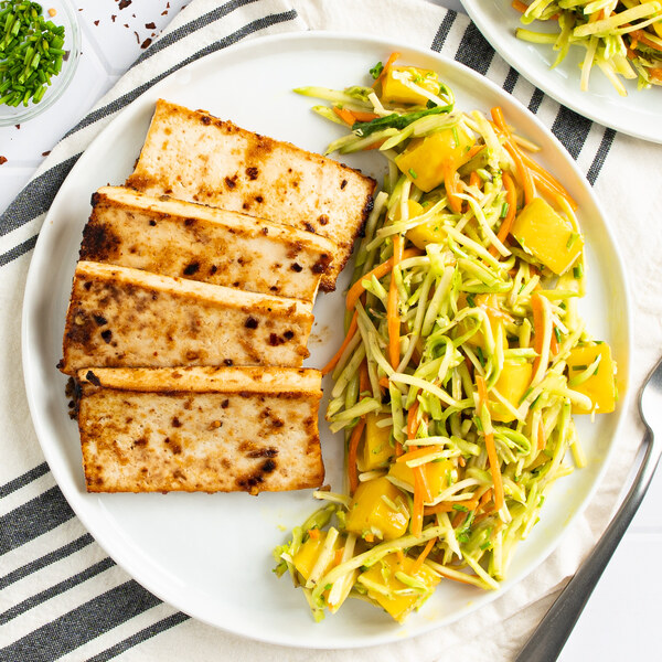Spicy Korean-Style Tofu with Honey Mustard Mango & Broccoli Slaw