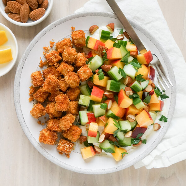 Crisp Spicy Tofu with Honeyed Cucumbers, Peaches, Almonds & Yogurt