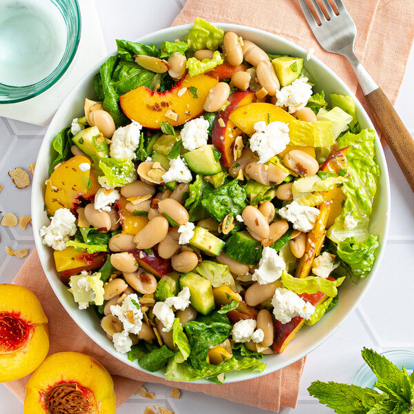 White Bean Salad with Cucumbers, Peaches, Mint, Goat Cheese & Almonds