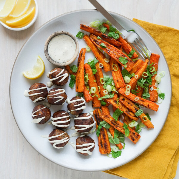 Veggie Ground "Meatballs" with Tahini Sauce, Roasted Carrots & Mint
