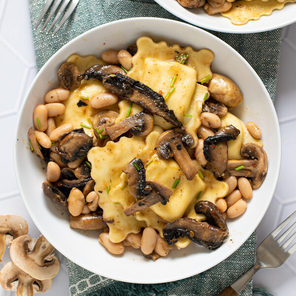 Ravioli with Beans, Mixed Mushrooms & Spicy Miso-Chive Butter Sauce