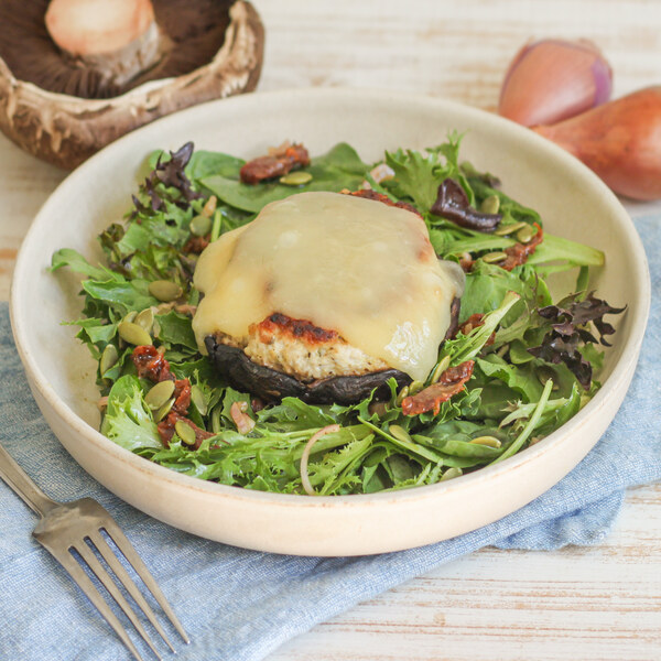 Cheesy Chicken & Portobello Burger Salad with Sun-Dried Tomatoes