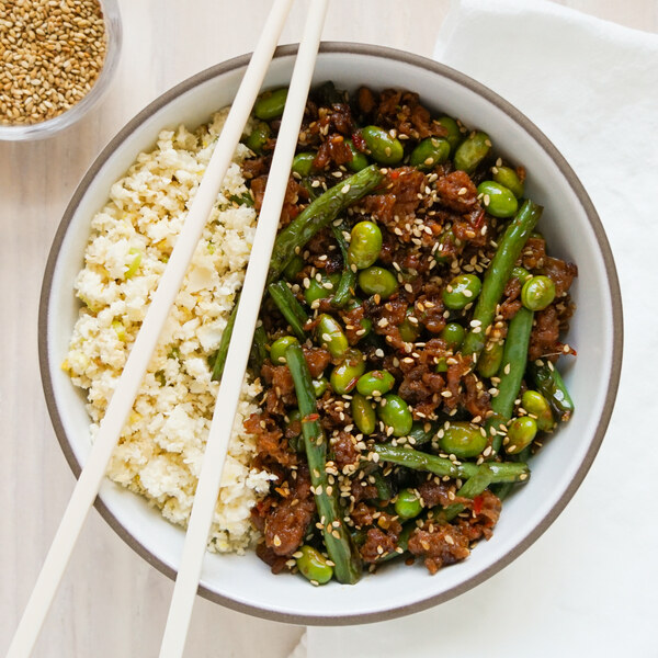 Veggie Ground, Edamame & Green Beans with Ginger over Cauliflower Rice
