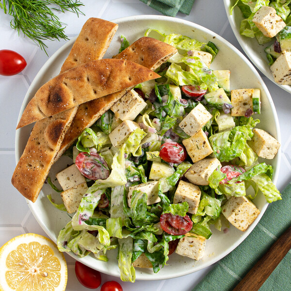 Greek Tofu Salad with Tomato, Olives, Yogurt Dressing & Breadsticks