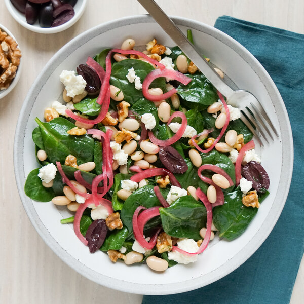 Spinach Salad with White Beans, Olives, Feta, Walnuts & Pickled Onions
