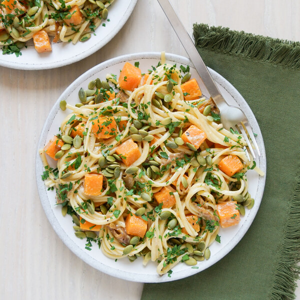 Creamy Linguine with Squash, Fennel, Parmesan & Toasted Pumpkin Seeds