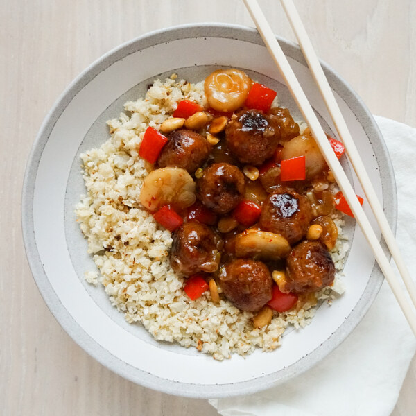 Kung Pao Veggie "Meatballs" with Peppers, Peanuts & Cauliflower Rice