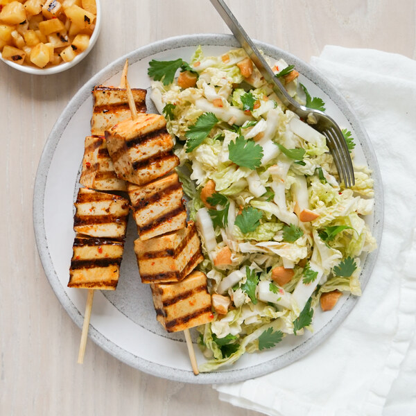 Grilled Spicy Asian Tofu Skewers with Pineapple Salsa & Cabbage Slaw