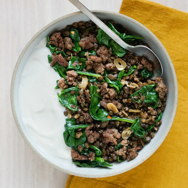 Veggie Ground, Lentil, Fennel & Spinach Sauté with Lemony Yogurt