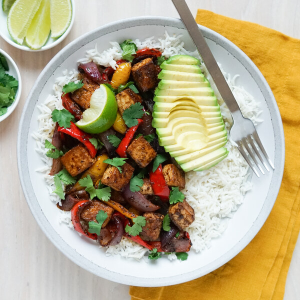 Sheet Pan Tofu Fajita Rice Bowl with Avocado, Lime & Cilantro